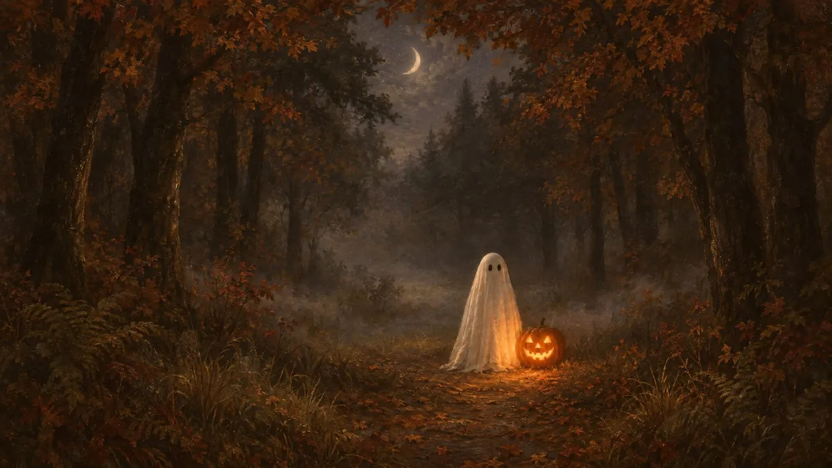 A small ghost beside a glowing jack-o'-lantern on a misty forest path, with a crescent moon through the treetops