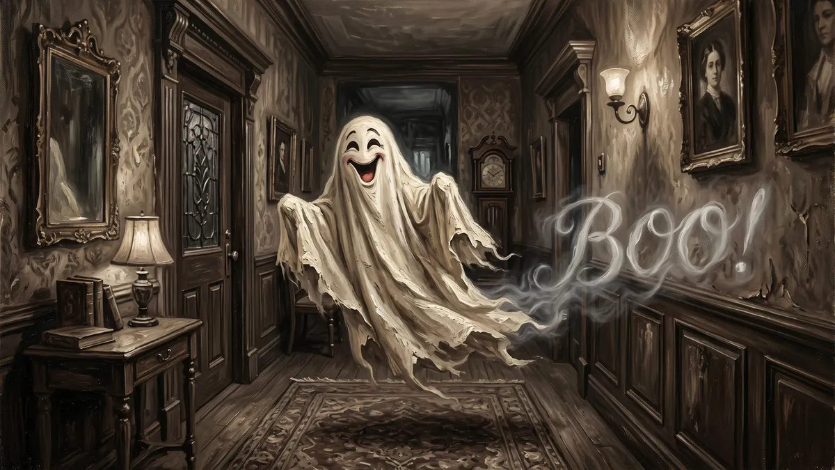 A smiling ghost floats down a dim paneled hallway as smoky letters spell Boo! beside portraits and a clock