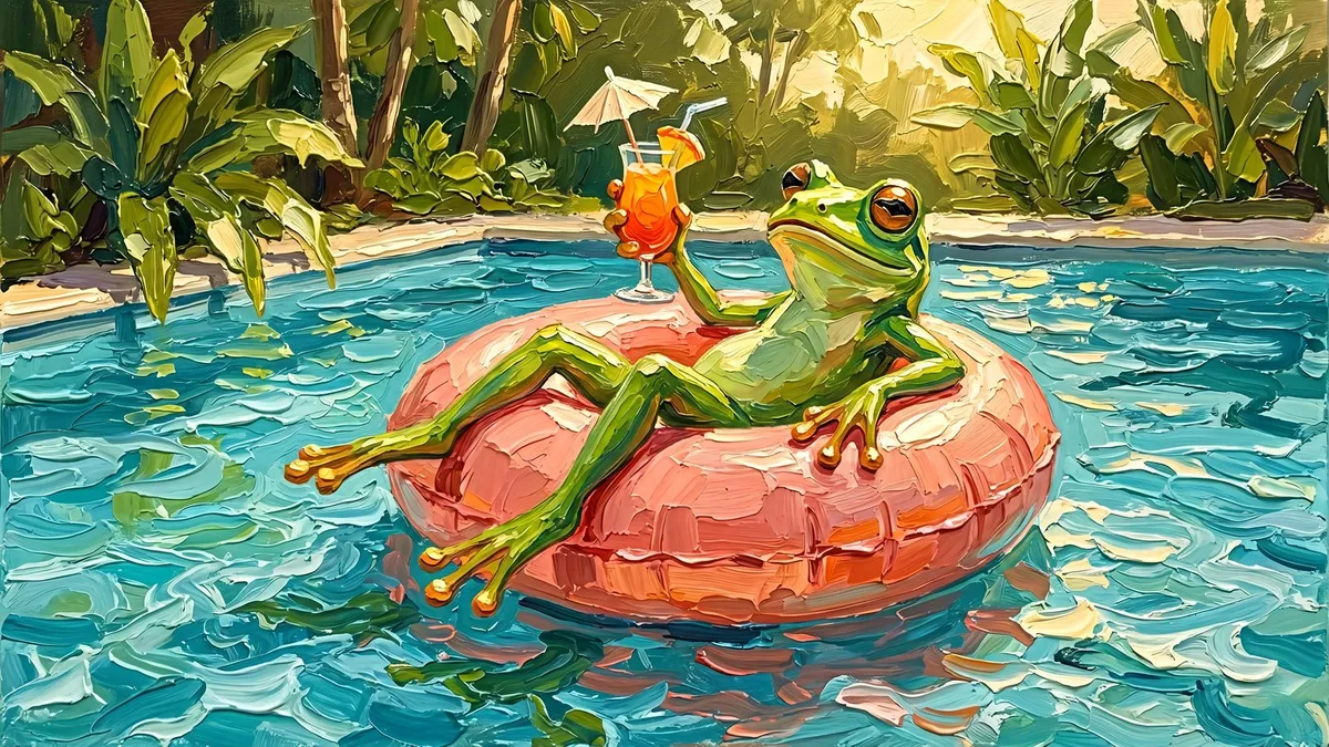 Green frog lounging on a pink pool float, holding an orange cocktail with a paper umbrella, in a turquoise pool