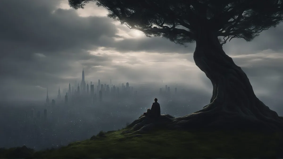 Cloaked figure sits beneath a huge twisted tree on a hill, looking over a misty city of spires under heavy clouds