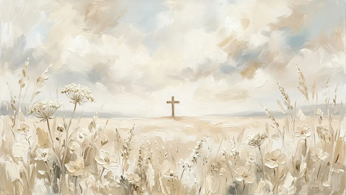 A small wooden cross stands far off in a pale field of cream wildflowers and grasses beneath a soft cloudy sky