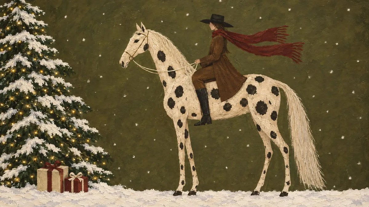 Spotted cream horse and rider with a red scarf beside a snowy fir tree and two gifts against an olive-green sky
