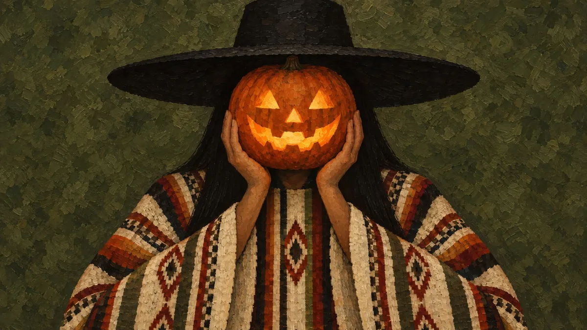 Figure in a wide black hat holding a glowing jack-o'-lantern over their face, wearing a striped poncho