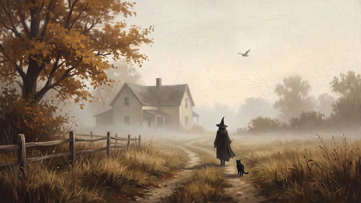 Misty Autumn Witch And Cat shown on your frame