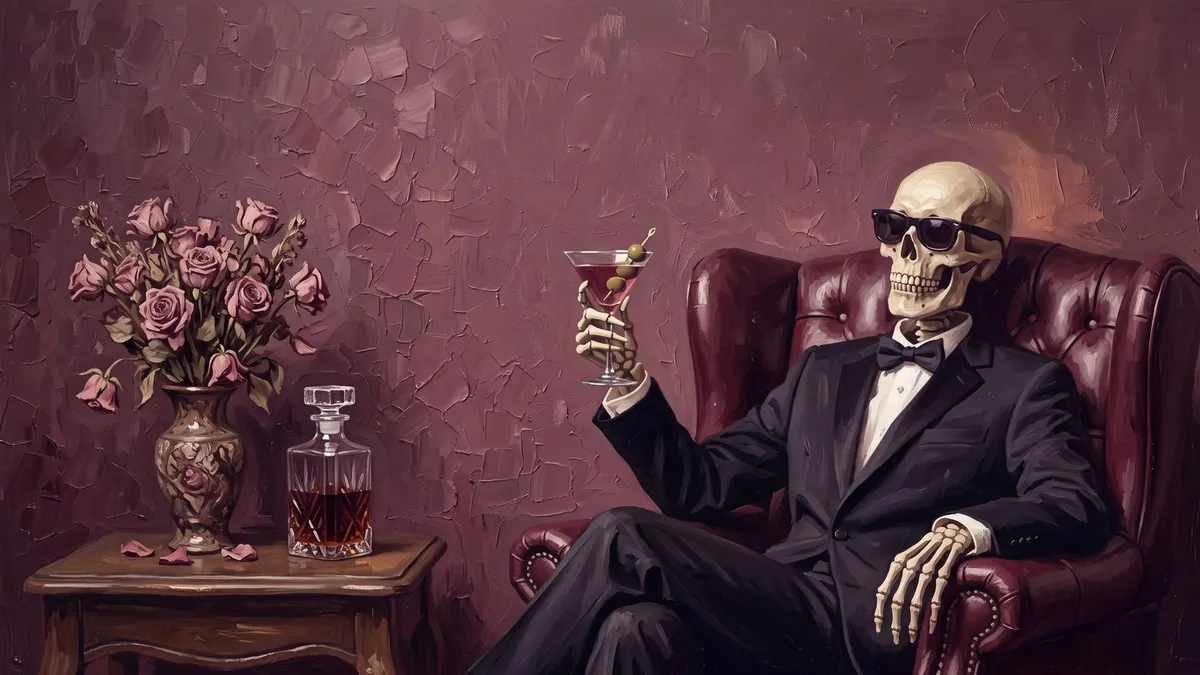 Skeleton in tuxedo and sunglasses holding a martini in a burgundy armchair beside a table with roses and a decanter
