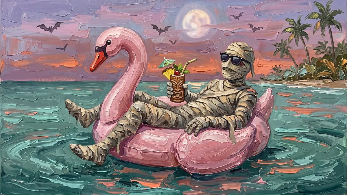 Mummy in sunglasses on a pink swan float holding a tiki cocktail on a teal sea, bats, moon and palm island at dusk