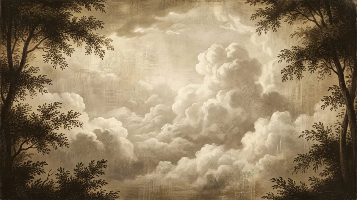 Sepia cumulus clouds seen between dark leafy tree branches on the left and right edges