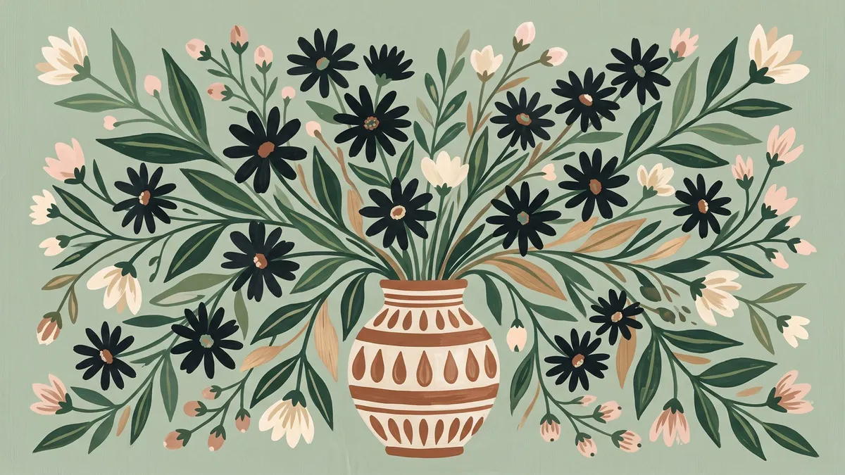 Black Folk Daisy Bouquet shown on your frame