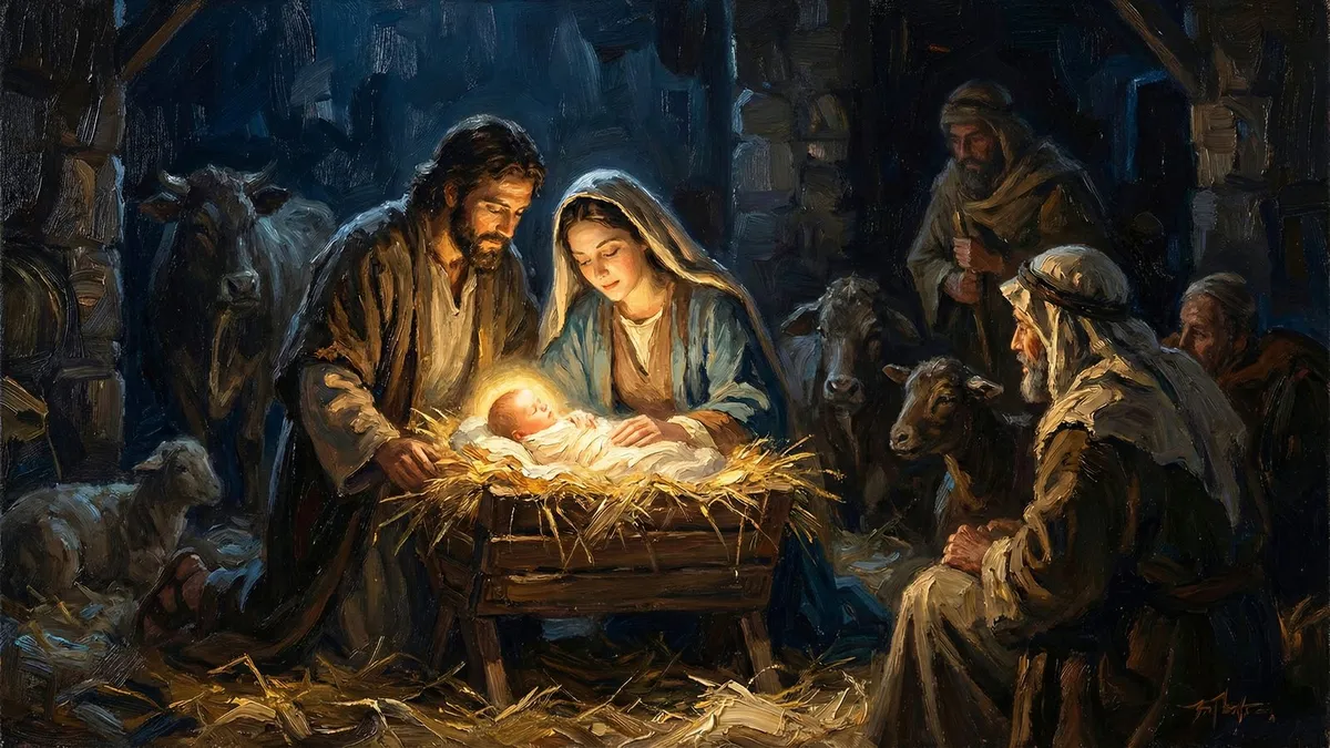 Mary and Joseph beside a glowing baby in a straw manger, with shepherds, an ox and sheep in a dark stable