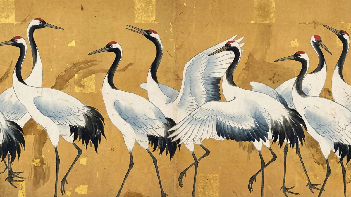 Japanese Cranes Gold Leaf shown on your frame
