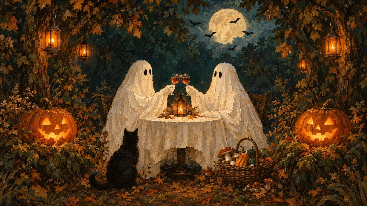 Two sheet ghosts clinking wine glasses at a round table with jack-o'-lanterns, a black cat, lanterns and bats at night