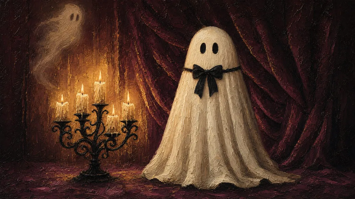 Rounded ghost with a black bow beside a lit black candelabra before burgundy drapes, with a faint second ghost wisp