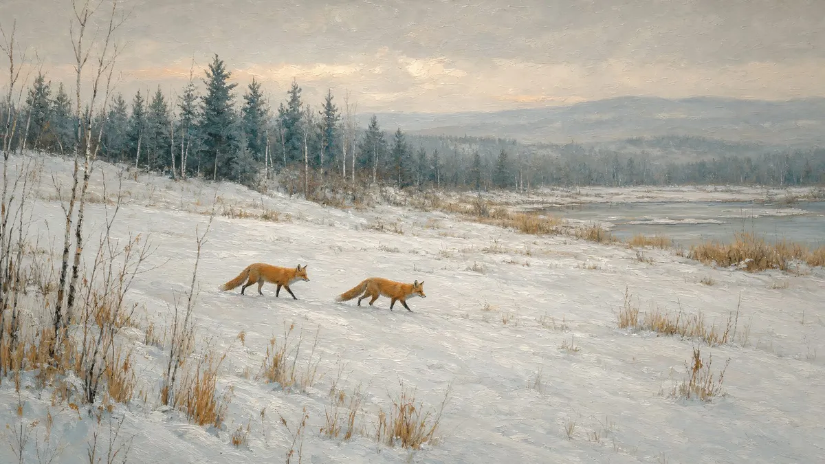 Winter Foxes Snowfield shown on your frame