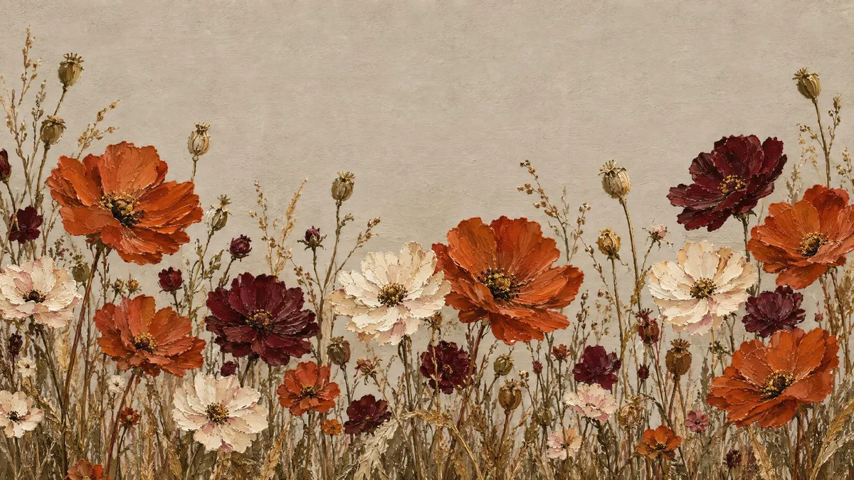 Row of rust, burgundy and cream wildflowers with dried seed pods and stems on a muted greige background