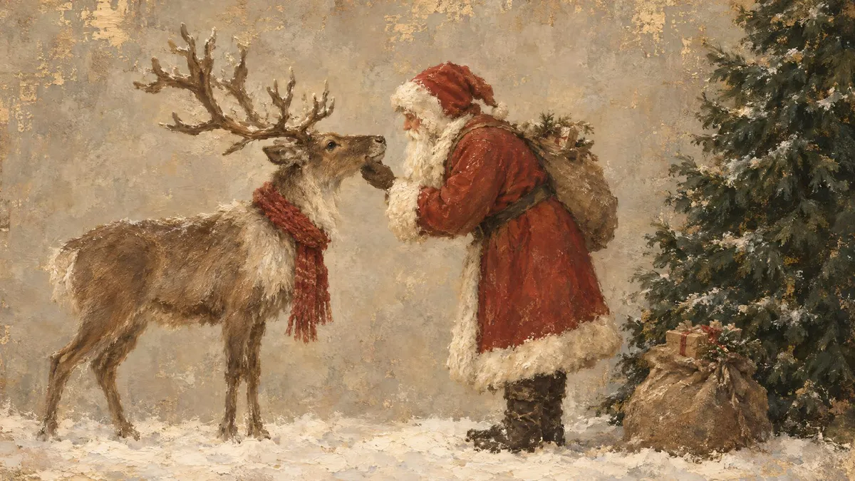 Santa in a muted red coat gently touching the muzzle of a scarfed reindeer beside a fir tree and a sack of gifts