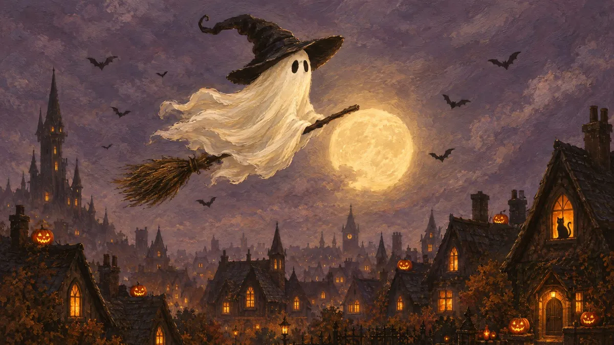 Flying Ghost Halloween Village shown on your frame