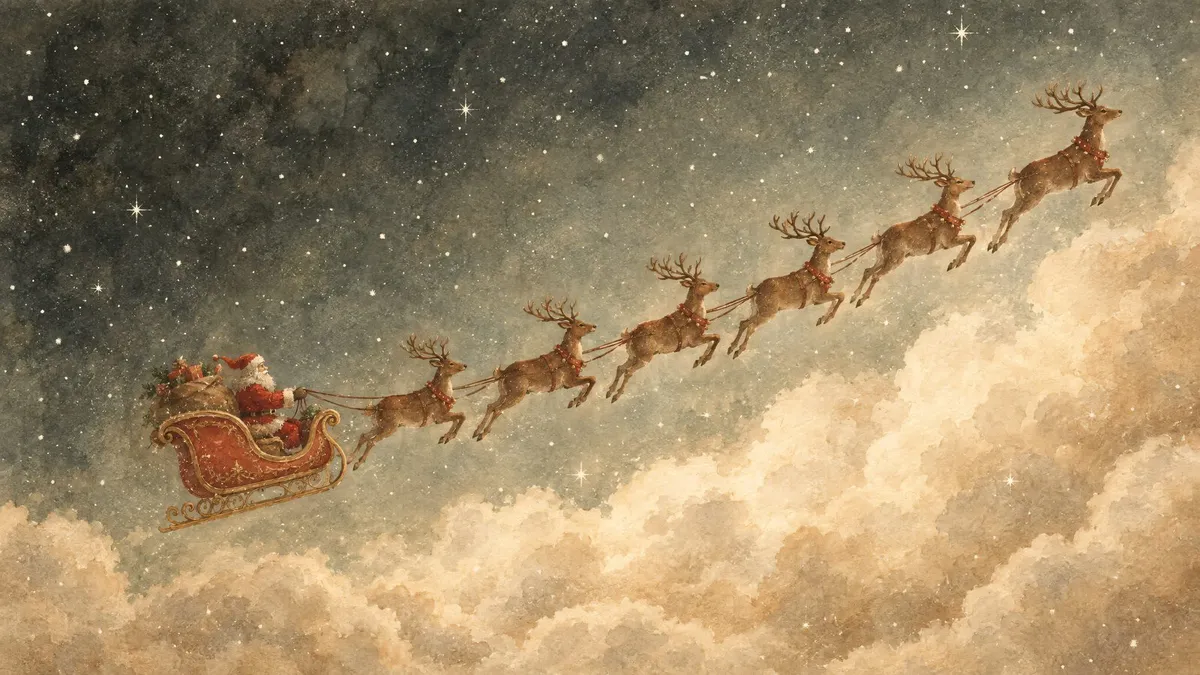 Santa in a red sleigh pulled by six reindeer flying through a snowy night sky above cream clouds