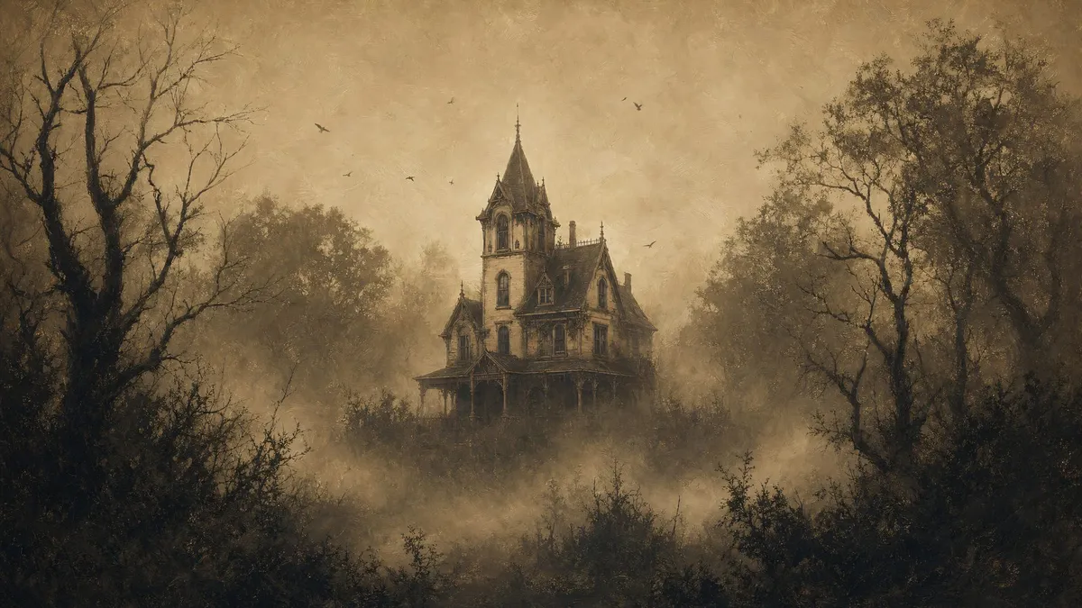 Misty Haunted Victorian House shown on your frame