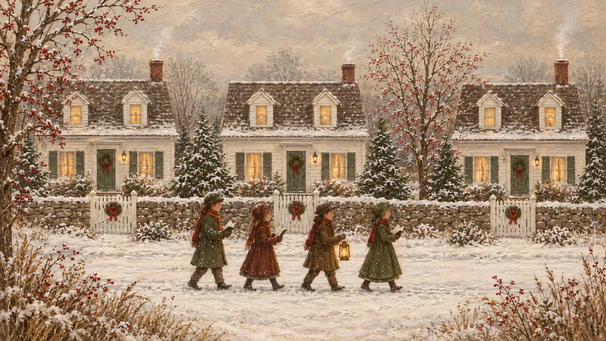 Children carolers with songbooks and a lantern walking past snowy white cottages with wreaths