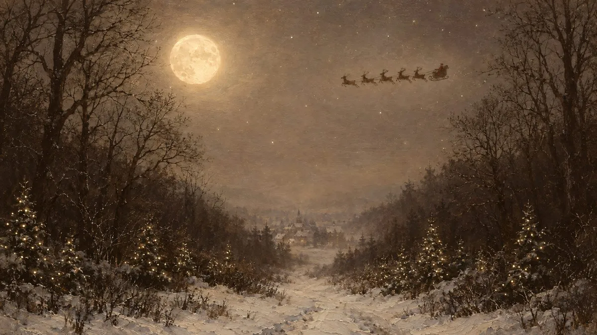 Santa's sleigh and reindeer flying past a full moon over a snowy forest path with fairy-lit evergreen trees