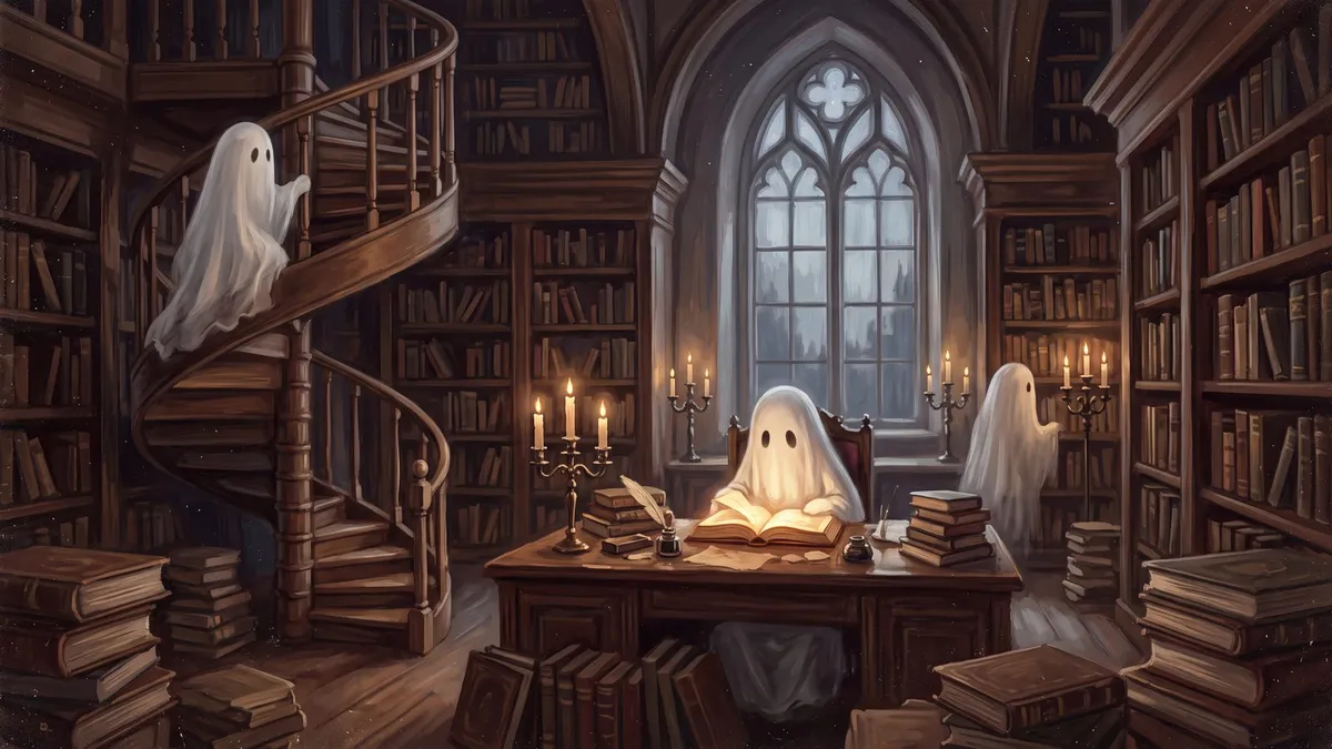 Three translucent ghosts in a candlelit gothic library, one reading at a desk and one climbing a spiral staircase