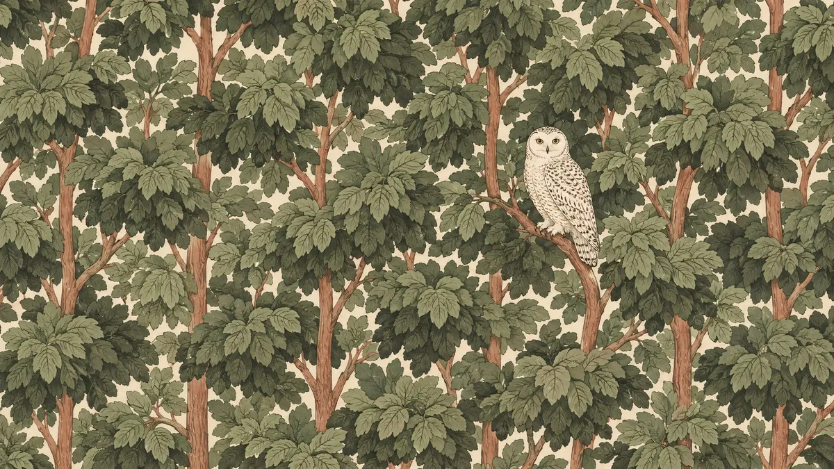Snowy owl with speckled white plumage perched among dense stylized leaf clusters and slender tree trunks
