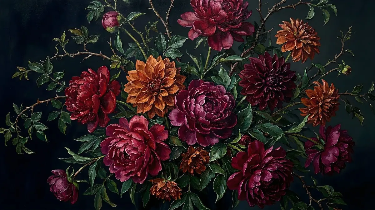 Moody Peonies & Dahlias shown on your frame