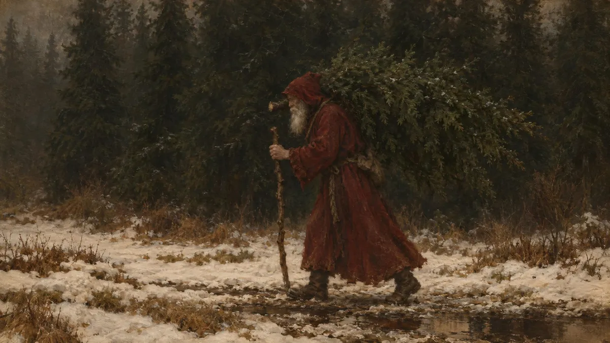 Bearded old man in a red robe carrying a Christmas tree on his shoulder through snow before a dark pine forest
