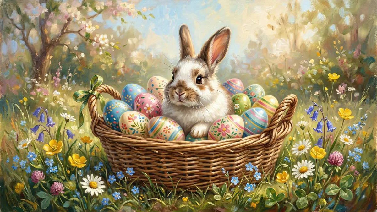 White and brown rabbit sitting in a wicker basket of painted eggs, surrounded by wildflowers in a meadow