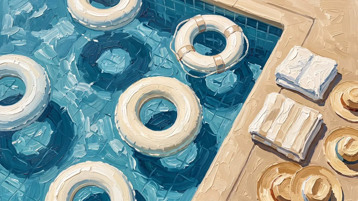 Overhead view of white inner tubes casting shadows on teal pool water beside a deck with towels and straw hats