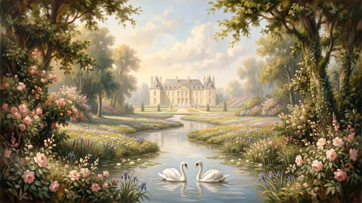 Two white swans on a calm pond, framed by rose bushes and trees, with a stone chateau in the background