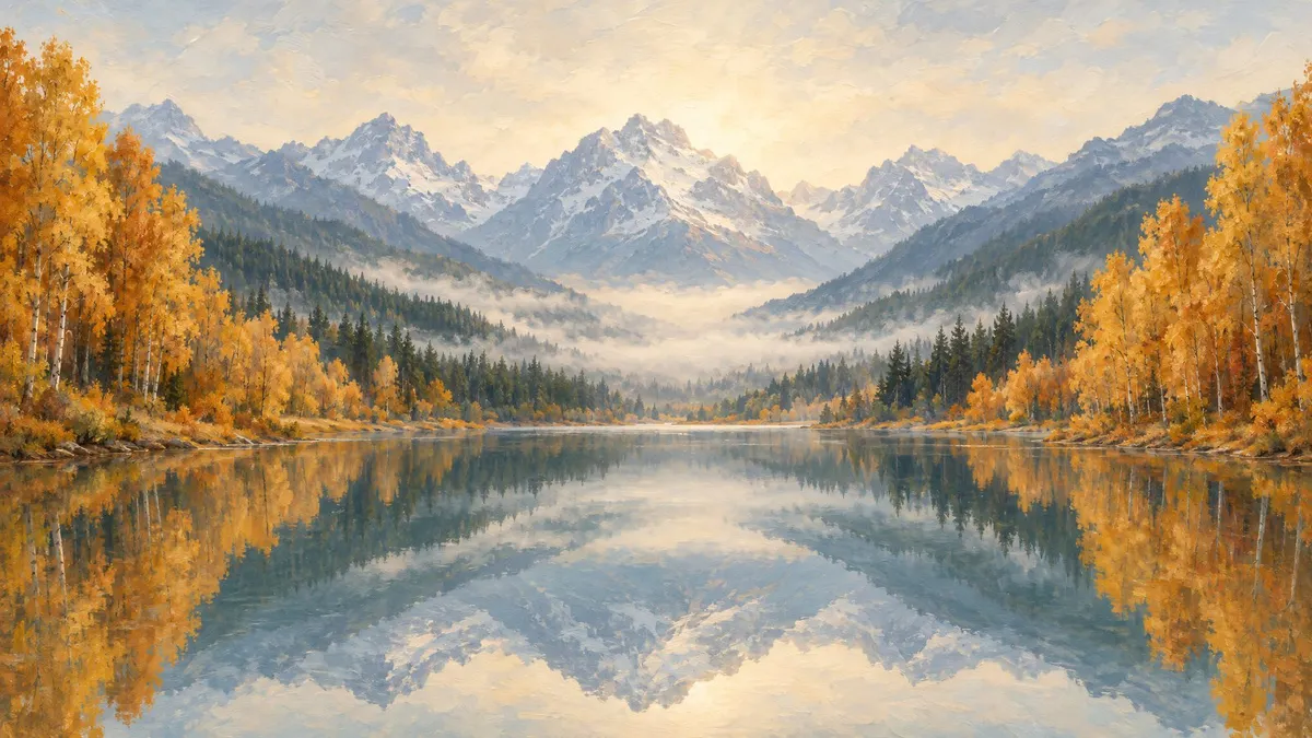 Misty Autumn Mountain Lake shown on your frame