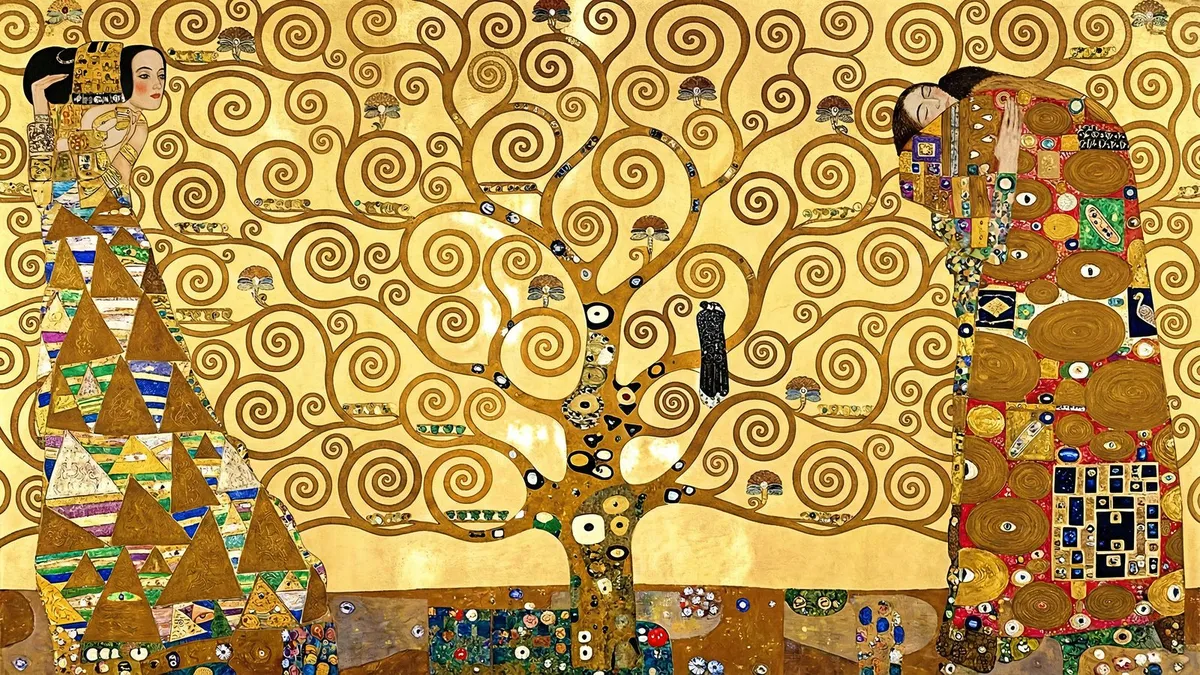 Golden spiral tree with swirling branches between two ornately patterned robed figures on a gold ground