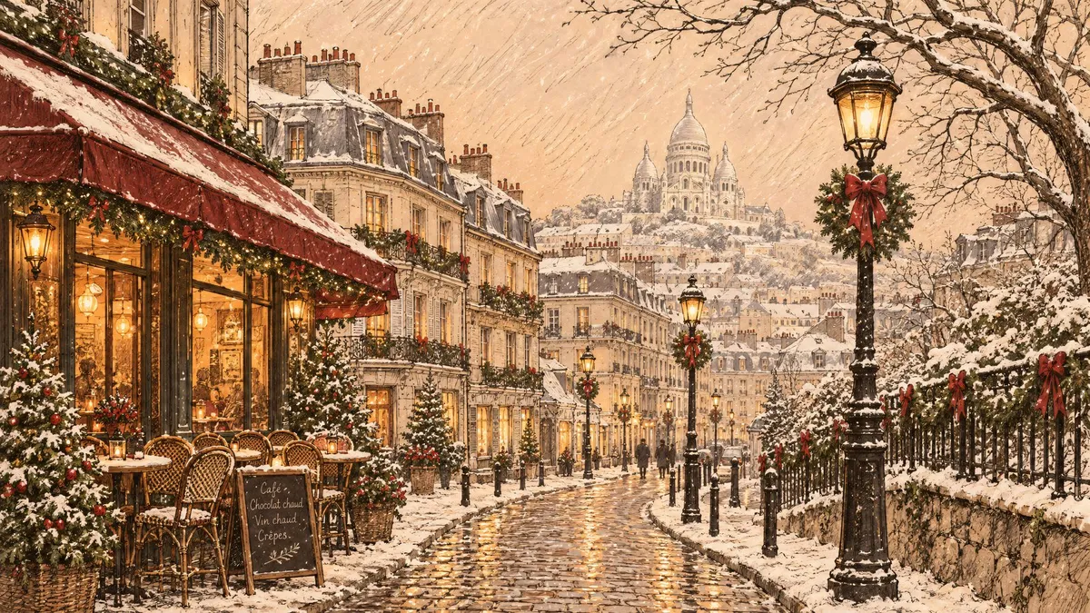 Snowy Paris Christmas Street shown on your frame