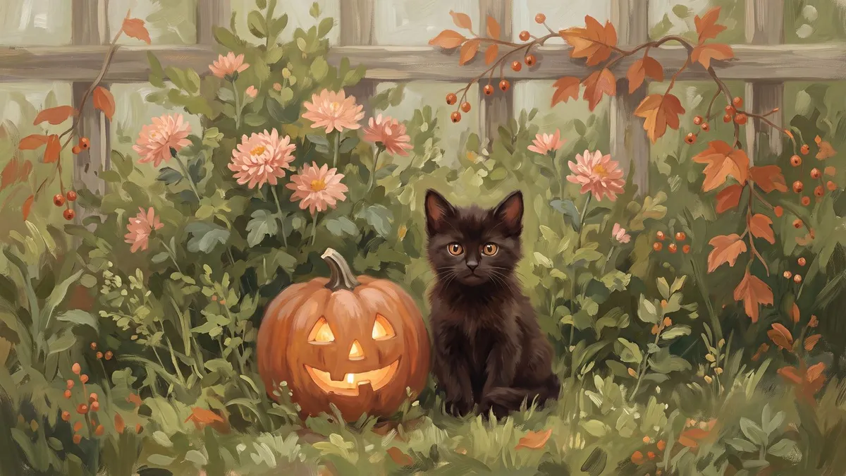 Black Kitten And Jack-O-Lantern shown on your frame
