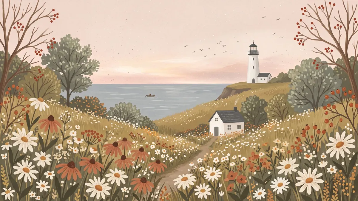 Folk-art coastal bluff of wildflowers with a white lighthouse, small cottage, rowboat on calm sea and birds in the sky