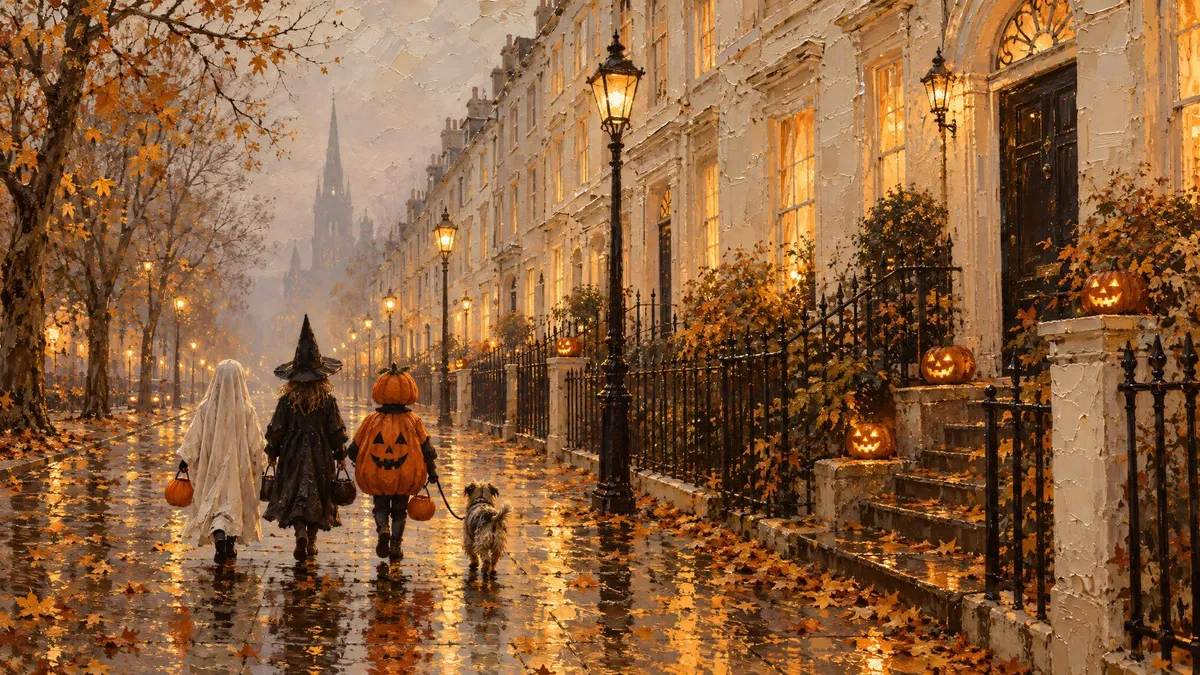 Three costumed children and a dog walk down a wet townhouse street lined with glowing windows and jack-o'-lanterns