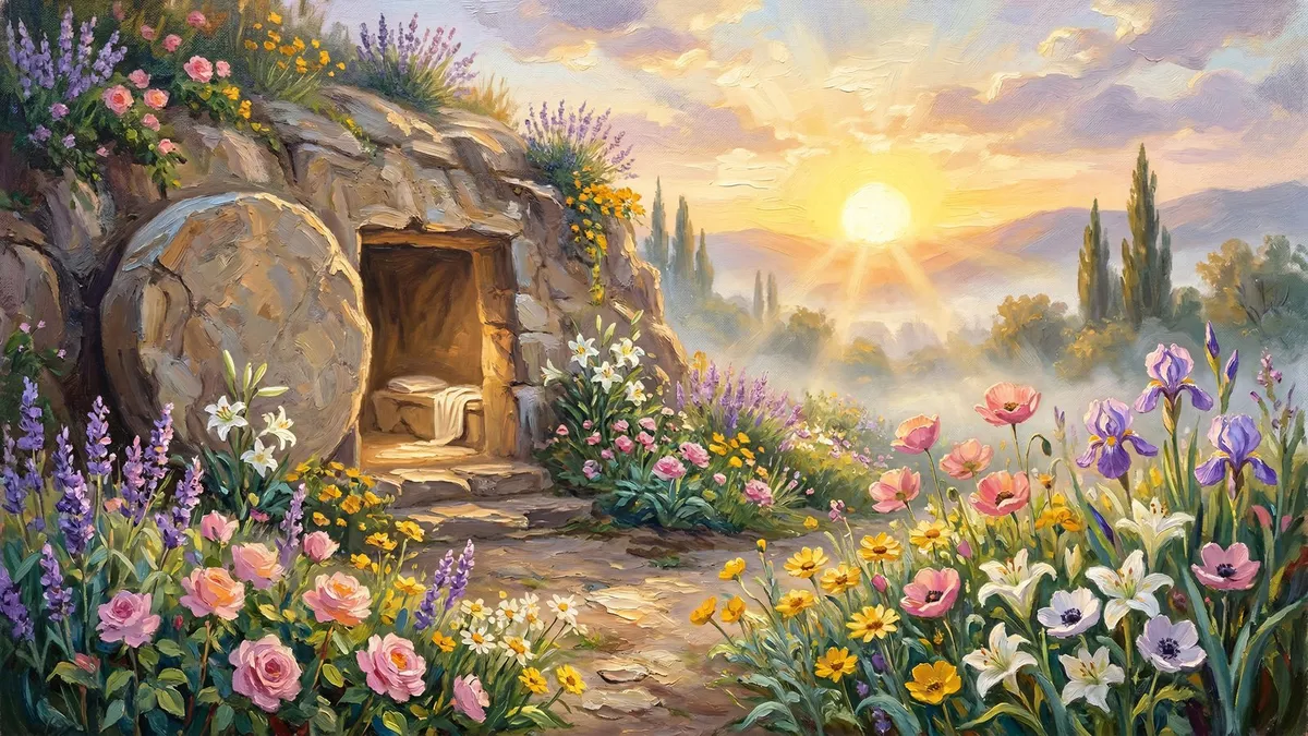 Open stone tomb with a round rolled stone, surrounded by roses, lilies, irises and poppies, sun rising over misty hills