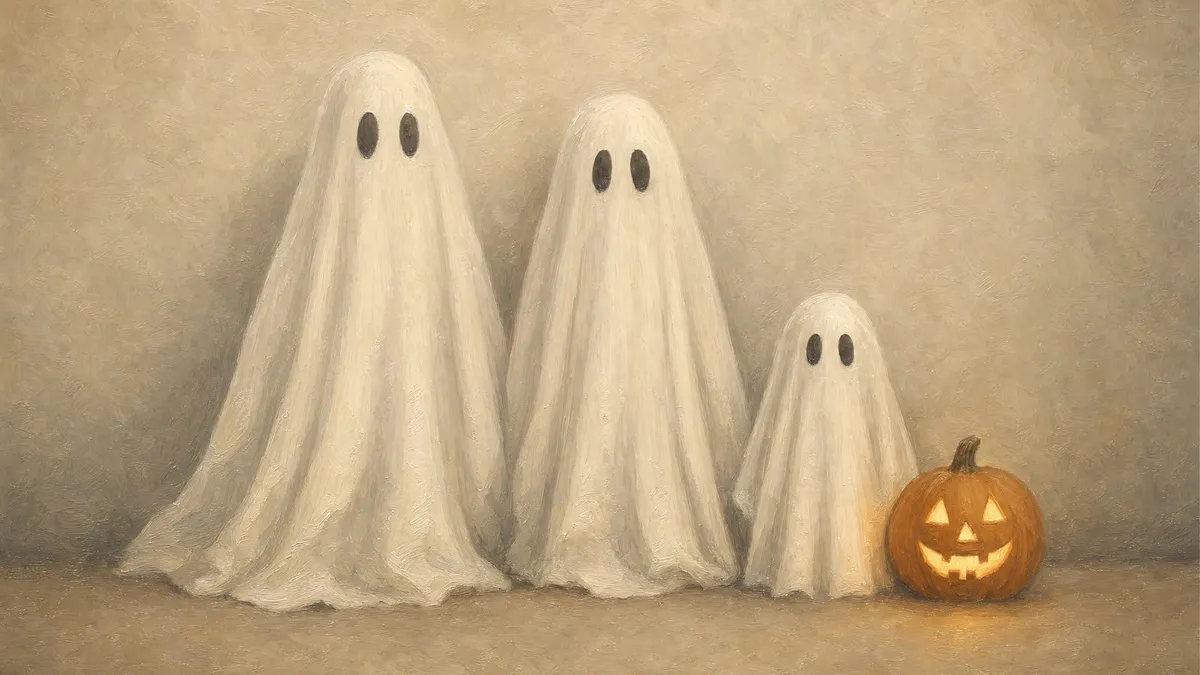 Three ghosts made of draped white sheets in a row beside a small jack-o'-lantern in front of a plain wall