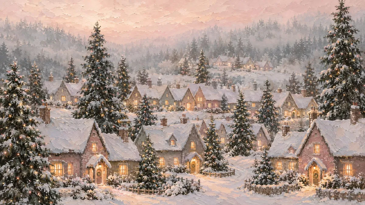 Snow-covered cottages with glowing windows on a hillside among tall fir trees under a pale pink twilight sky