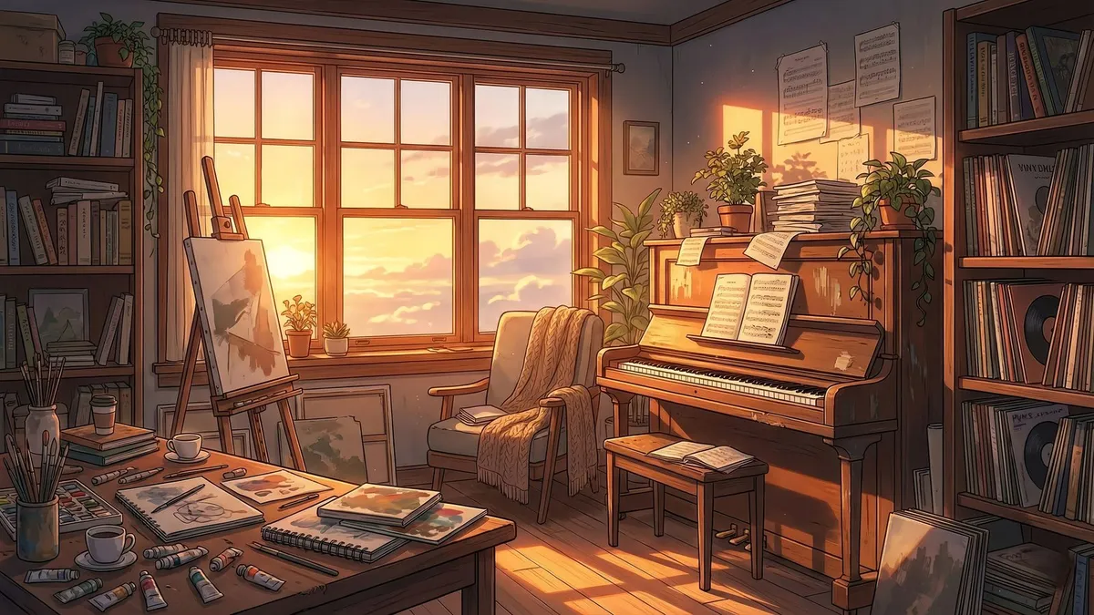 Room at sunset with an easel, upright piano and sheet music, armchair with knit blanket, paint tubes and records
