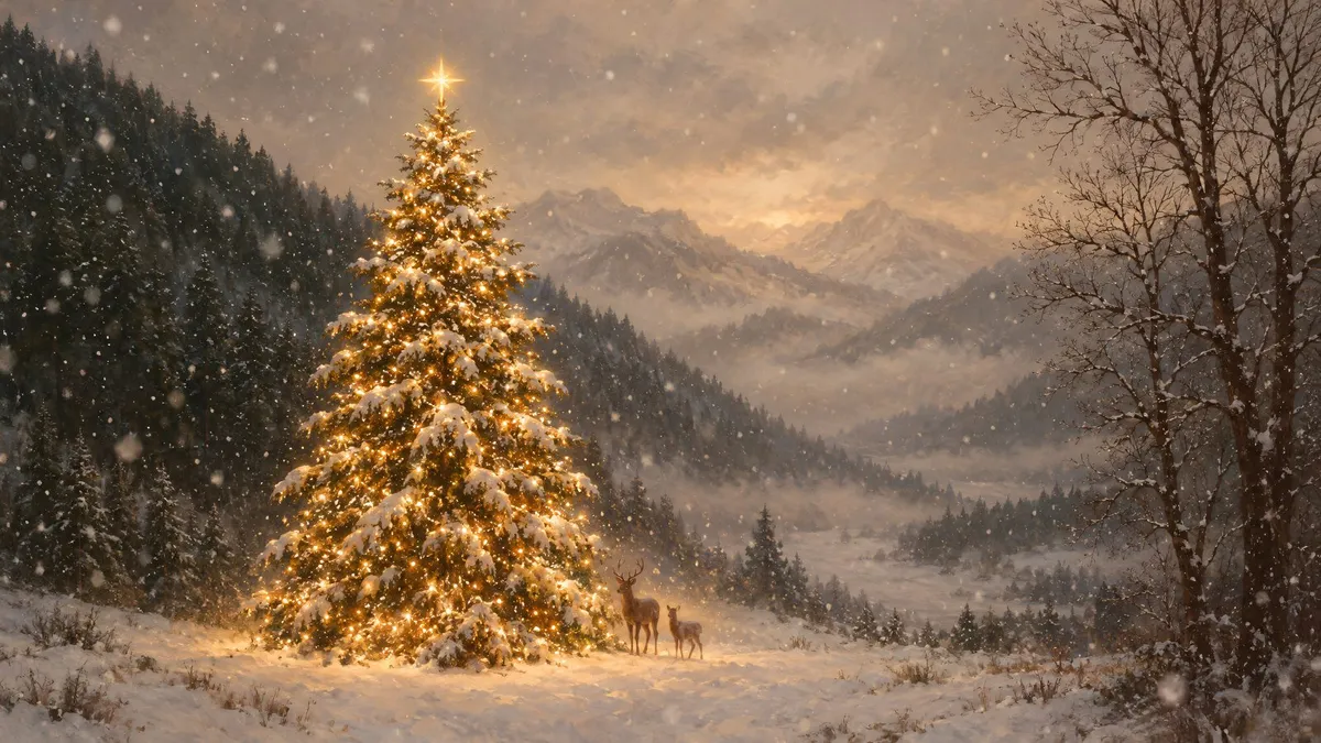 Moody Snowy Christmas Valley shown on your frame