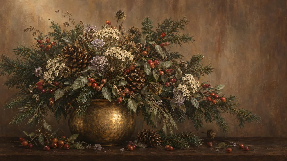 Brass pot of pine sprigs, pine cones, red rose hips and pale wildflowers on a dark table before a taupe wall