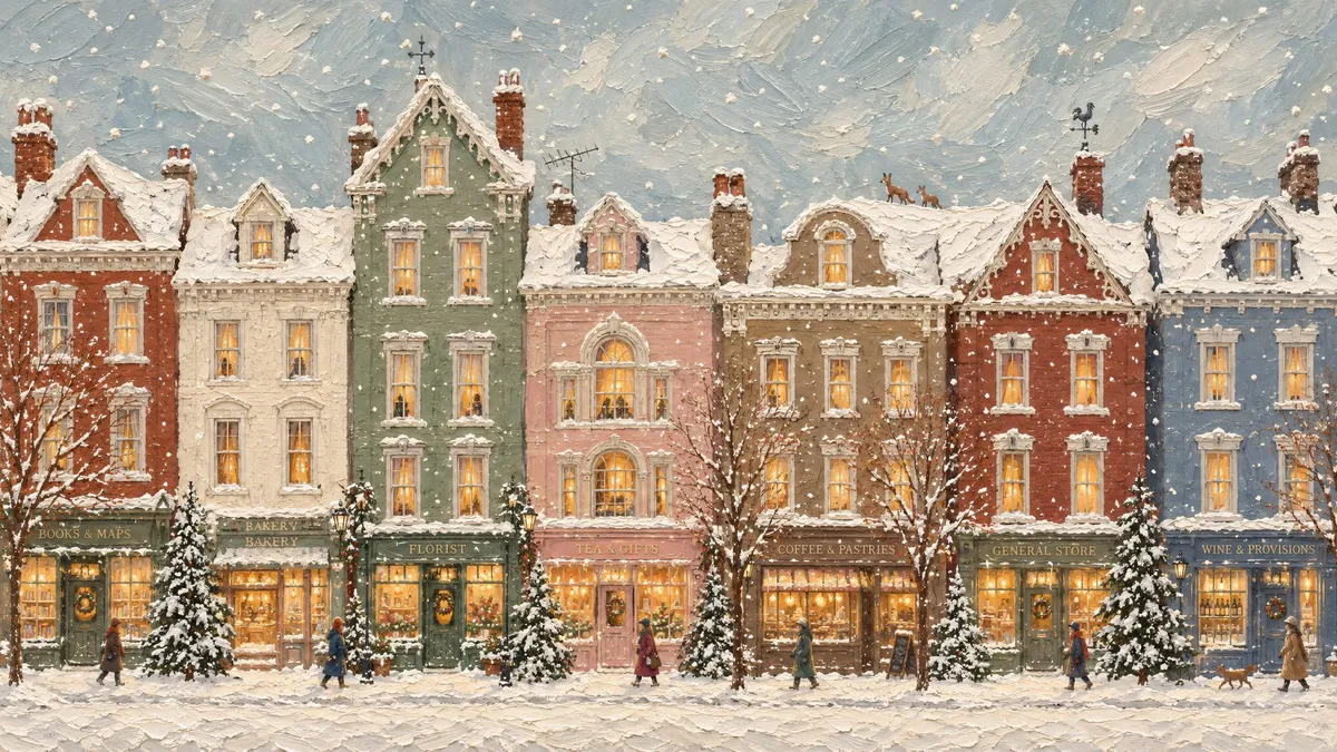 Snowy Pastel Townhouse Row shown on your frame