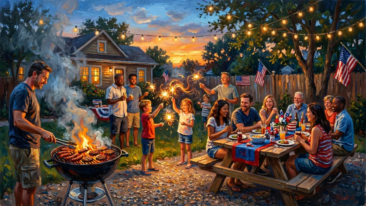 People grilling, dining at a picnic table and waving sparklers in a string-lit backyard at dusk