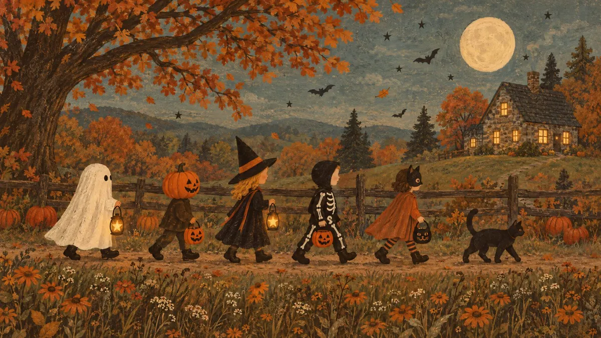 Costumed children and a black cat walk a dirt path past a stone cottage, an autumn tree and a full moon at dusk