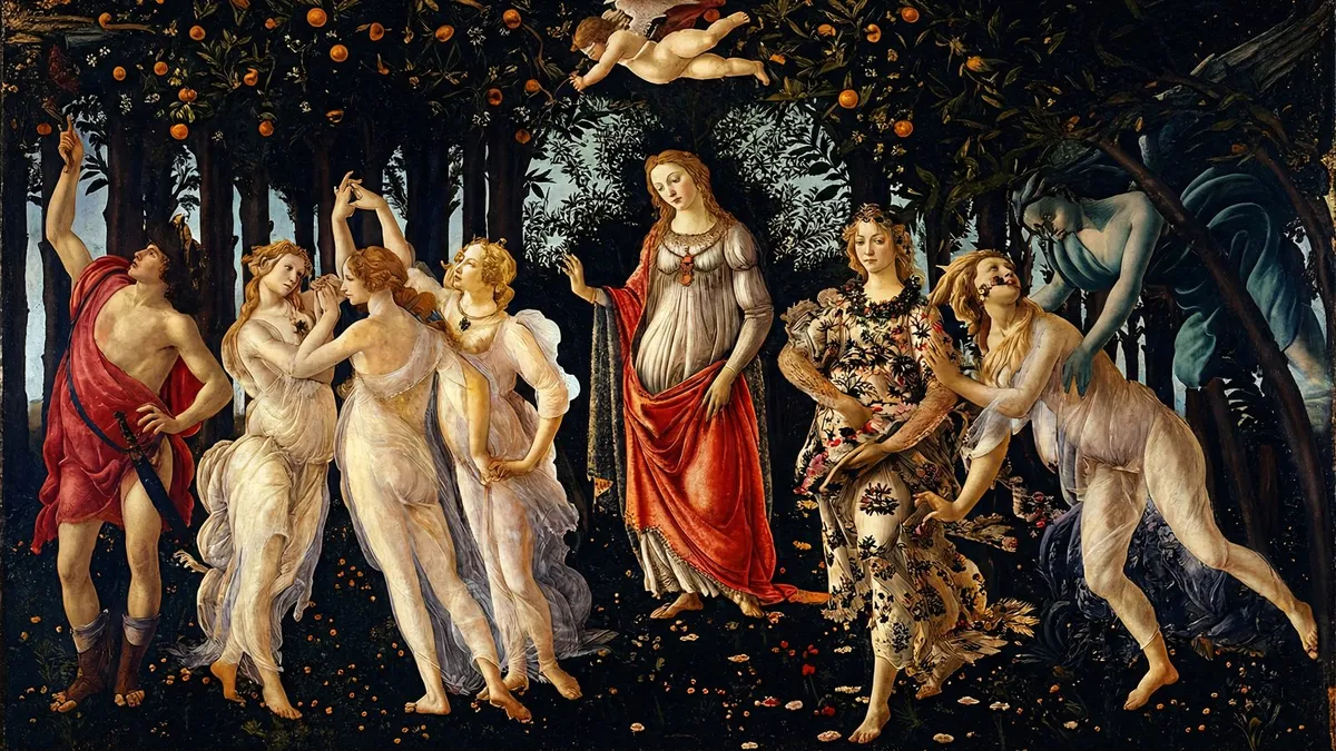 Dancing women in sheer gowns, a woman in red and a flower-clad figure in a dark orange grove, with a cherub above