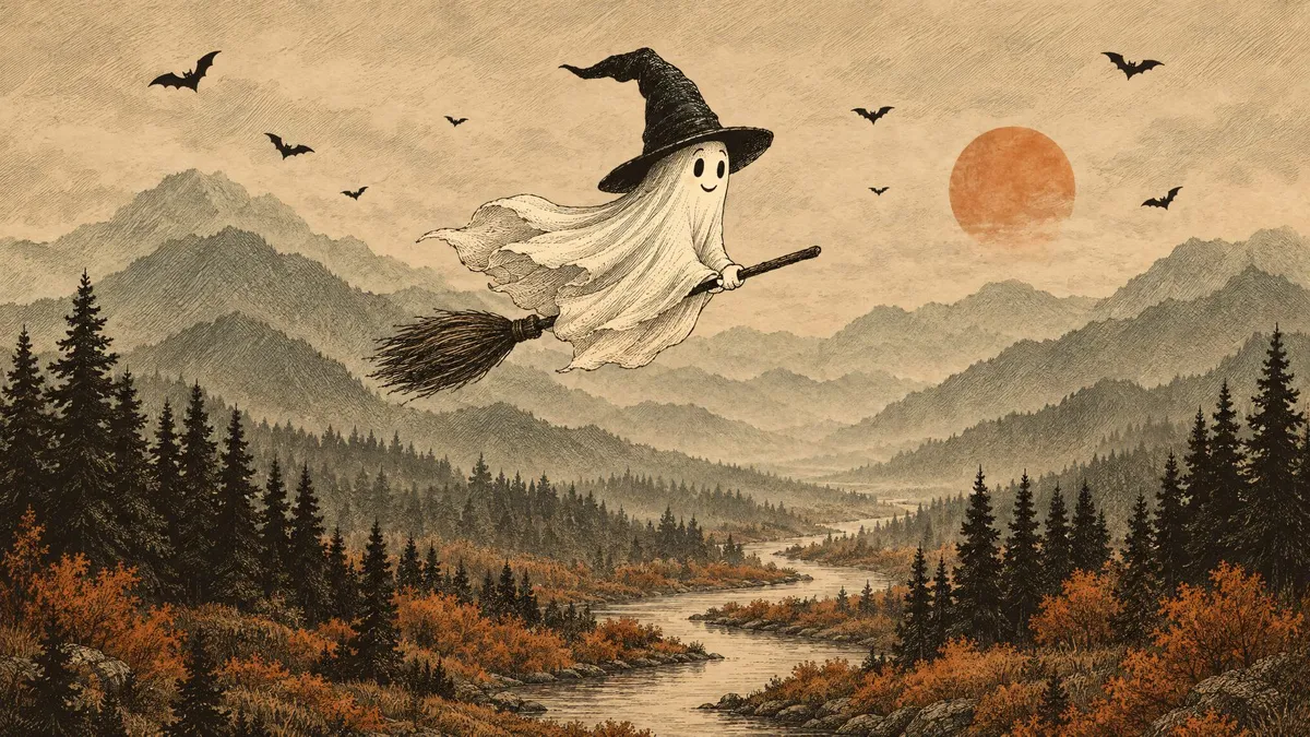 Flying Ghost Witch Autumn Valley shown on your frame