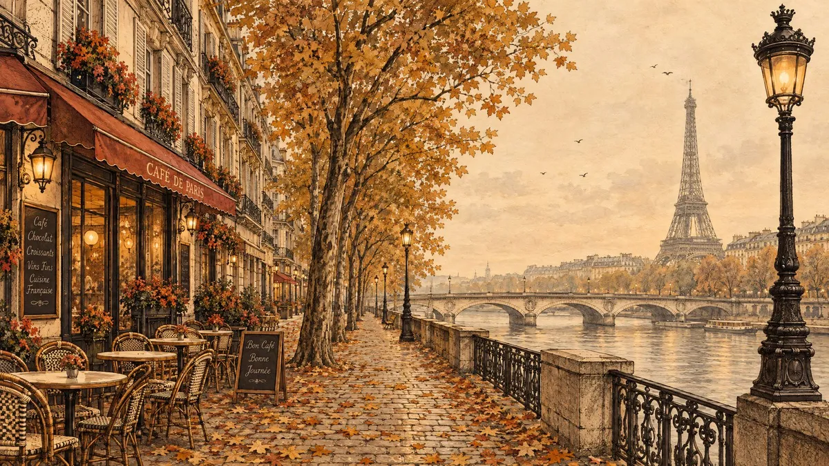 Pen-and-ink Paris riverside street with cafe tables, autumn trees, a stone bridge and the Eiffel Tower in the distance