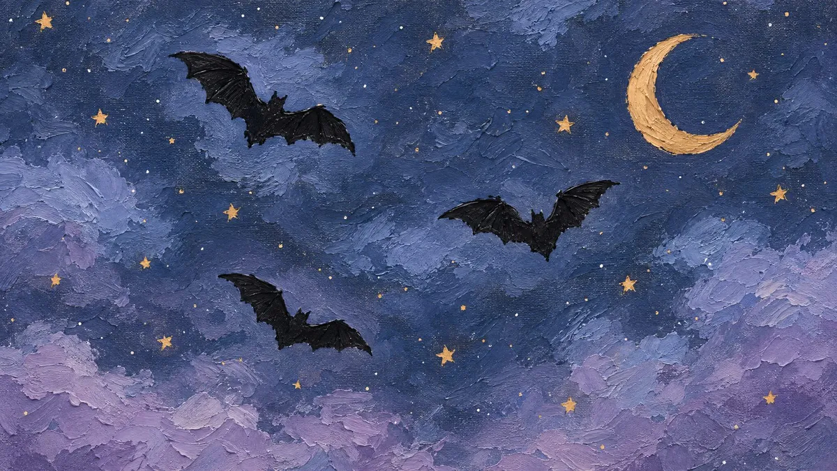 Three black bats flying across a textured indigo and lilac night sky with a gold crescent moon and small stars